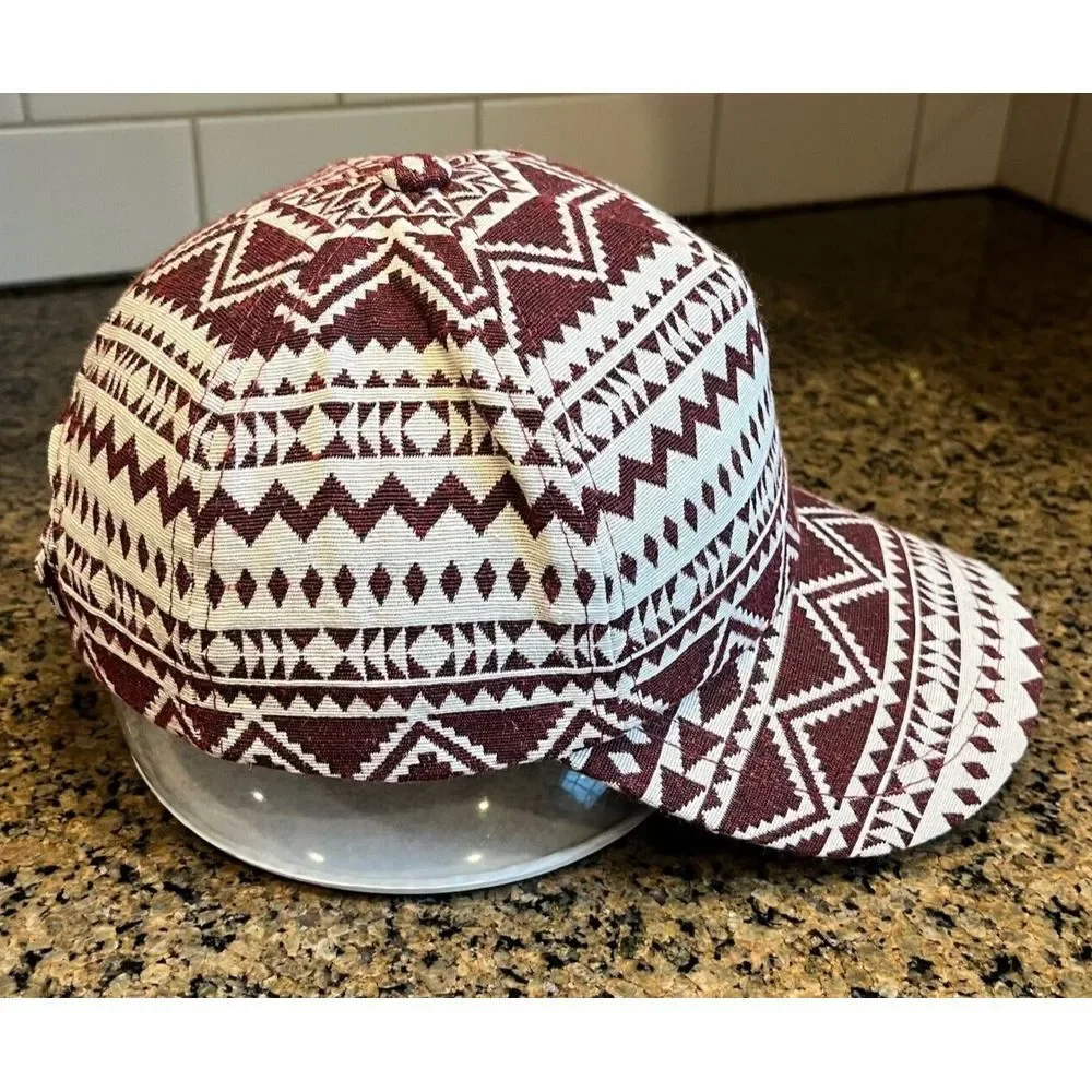 Aztec Print 5-Panel Unisex Hat Cap Red White Strap Back Adjustable‎ Hook & Loop
